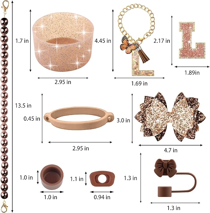 9PCS Brown for Stanley Cup Accessories Set Bling Initials Bow Charms for Stanley Decorations 30/40 Oz Tumbler Accessories Including Bow Straw Topper, Handle Strap, Spill Stopper（Letter L）