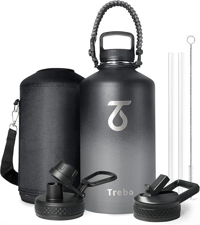 Trebo One Gallon Water Bottle Insulated with Paracord Handle,128oz Stainless Steel Sports Large Jug Food-grade Triple Wall Vacuum with Straw Spout Handle Lids, Leakproof Keep Cold & Hot, Dark Gray