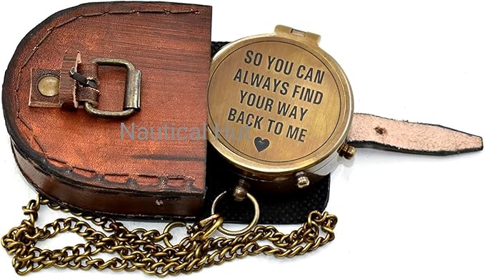 So You Can Always Find Your Way Back Home Engraved Brass Compass with Leather Case & Chain, Vintage Pocket Compass Gift for Men, Husband, Son, Graduation, Hiking, Anniversary, Navigation Compass