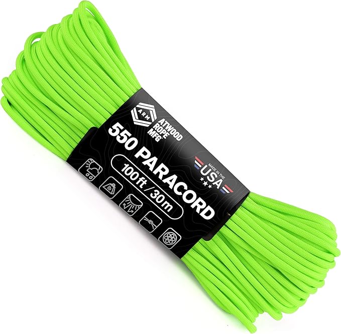 Atwood Rope MFG 550 Paracord 100 Feet 7-Strand Core Nylon Parachute Cord Outside Survival Gear Made in USA | Lanyards, Bracelets, Handle Wraps, Keychain (Neon Green)