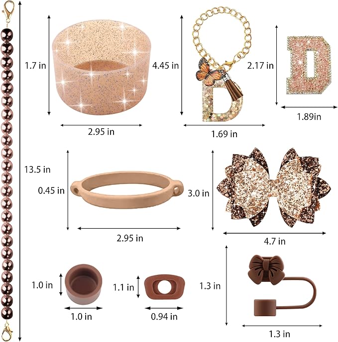 9PCS Brown for Stanley Cup Accessories Set Bling Initials Bow Charms for Stanley Decorations 30/40 Oz Tumbler Accessories Including Bow Straw Topper, Handle Strap, Spill Stopper（Letter D）