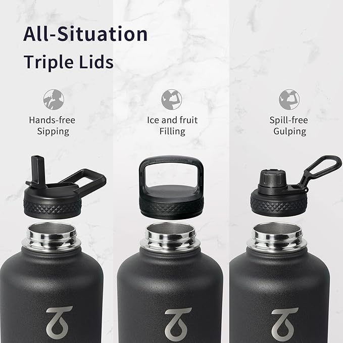 Trebo Water Bottle 64oz with Paracord Handle, Half Gallon Large Vacuum Triple Wall Stainless Steel Insulated Water Jug with Straw Spout Handle Lids, Leakproof BPA-Free Keep Cold & Hot, Dark Gray