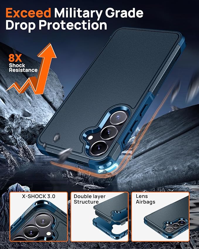 Lanhiem for Samsung Galaxy S25 S24 Phone Case with Tempered Glass Screen Protector, Shock Absorption, Anti-Scratch Shockproof Case Cover for Samsung S25 S24, Navy Blue