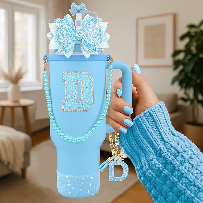 9PCS Blue for Stanley Cup Accessories Set Bling Initials Bow Charms for Stanley Decorations 30/40 Oz Tumbler Accessories Including Bow Straw Topper, Handle Strap, Spill Stopper（Letter D）