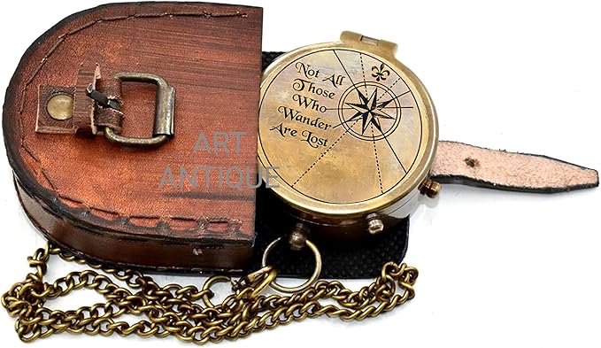 Vintage Brass Compass with Leather Case – Engraved “Not All Those Who Wander are Lost” – Antique Pocket Navigation Compass Gift for Travel Lovers, Hiking, Graduation, Birthday, Christmas