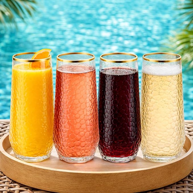 48 Pack Ribbed Stemless Champagne Flutes Gold Rim – 24 9oz Mimosa Glasses & 24 12oz Plastic Cups, BPA-Free Disposable Shatterproof Toasting Glasses for Weddings, Parties, Cocktail Wine Bar Events