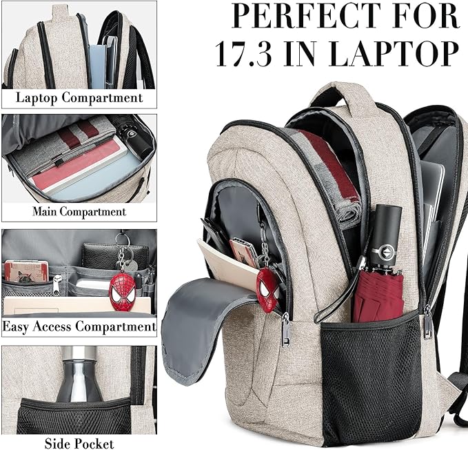 BIKROD Backpack for Women and Men, Extra Large School Backpacks for Teens, Water Resistant Back Pack with USB Charging Port Fits 17 Inch Laptop, Business Anti Theft Sturdy Computer Bag Gifts, Beige