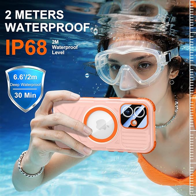 SPIDERCASE Magnetic for iPhone 17 Case Waterproof,[Built-in Screen & Camera Protector] [IP68 Underwater] 12FT Military Shockproof, Dustproof, Anti-Scratched Phone Case,Orange/Clear