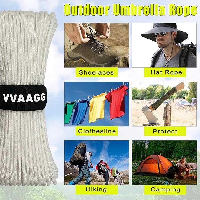 VVAAGG 1000 White Paracord Rope 100FT, 4mm Utility Parachute Cord 12 Strand Nylon Camping Rope, Tent Rope, Clothsline Rope