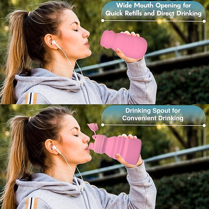 Collapsible Water Bottles 17oz, Odorless BPA-Free Silicone, Leak-Proof Foldable Reusable Bottle - Perfect for Travel Sports Gym Hiking Camping Cycling - Water Pink