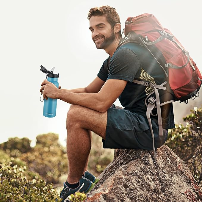 Han's Bottle Sports Water Bottle - 24 Oz, Straw Lid, Leak Proof, Vacuum Insulated Stainless Steel, Double Walled, Thermo Mug,Ocean