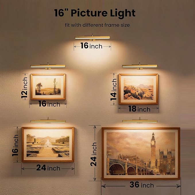 Wireless Picture Light Battery Operated, 16in Picture Light for Wal, 2Pack Rechargeable 5000mAh Battery Wall Sconce for Wall Pictures, Gallery Artwork, Paintings, Portraits, Dartboards_Antique Gold