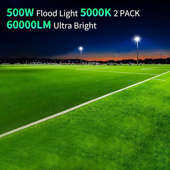 ISUERFY 500W LED Flood Light Outdoor with Plug+10ft Cable, 60000LM Ultra Brighter 5000K Exterior Security Light, IP66 Waterproof Commercial Lighting for Sports Fields Counts Arena Stadium(2 Pack)