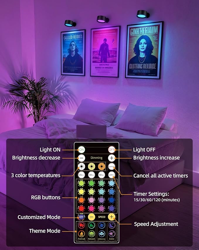 Wall Mounted Lights, 3 Pack Rechargeable RGB Color Changing Light, 3 Color Temps & Remote and Touch, 360° Rotation Dimmable Cordless for Study Bedroom Reading Bedside (Black)