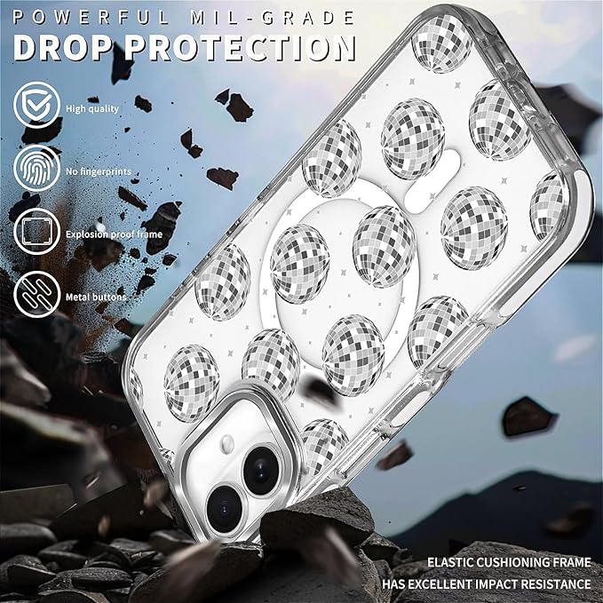 Case for iPhone 16,[Compatible with MagSafe],Disco Ball Grayish White Phone Case Design，for Women Girls Magnetic Clear Cover - Slim, Sleek, & Shockproof Protection