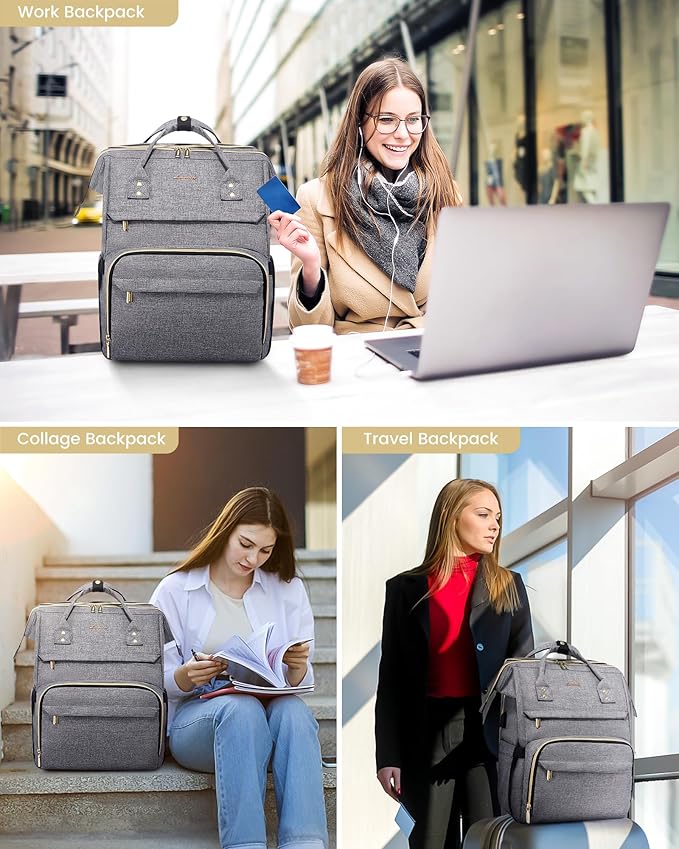 LOVEVOOK 17.3 Inch Laptop Backpack, Large Travel Backpack for Women, Water Resistant Teacher Backpack with Laptop Compartment, Professional Business Work bags with Charger, Austere Grey