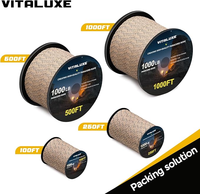 1000lb Paracord Rope, 4mm 12 Triple Strands Paracord, Heavy Duty Tactical Parachute Cord for Survival Gear, Camping, Hiking, and Ideal for Bracelets, Lanyards, Type III