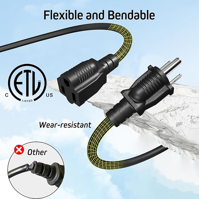 Eversimpleinc Black 1 to 3 Splitter Extension Cord (Combined 25 FT, End to End 13 FT), 3 Prong Plug with 3 Extended Outlets, with Weatherproof Covers for Indoor and Outdoor,16AWG/3C SJTW, ETL Listed