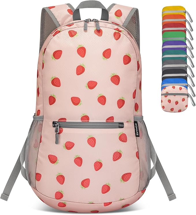 ZOMAKE Ultra Lightweight Hiking Backpack 20L, Packable Small Backpacks Water Resistant Daypack for Women Men(Strawberry print)