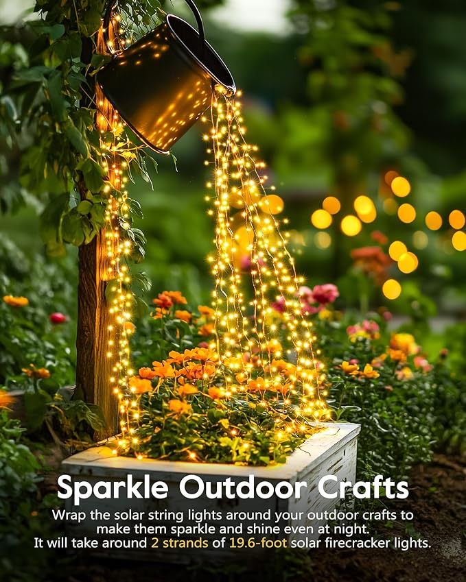 120LED 10FT Solar Fairy Lights Outside Waterproof, 8 Lighting Modes IP65 Outdoor Solar String Lights Outdoor Waterproof Firecracker Twinkle Light for Patio Yard Garden Party Decorations, Warm White