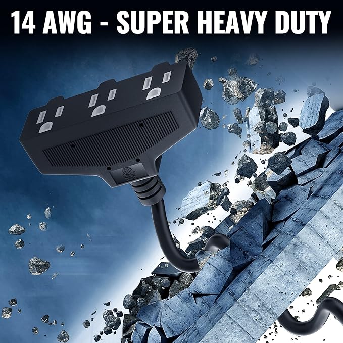 Outdoor Extension Cord 10 Ft with 3 Outlets, 14/3 SJTW 3 Prong Grounded Power Cord, 14 Gauge 14AWG Heavy Duty Power Cable, ETL Listed, 15 Amp 125 V 1875 W-Multiple Outlets for Indoor/Outdoor-Black