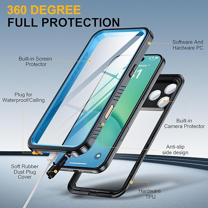 ANTSHARE for iPhone 17 Pro Max Case, IP68 Waterproof Shockproof Case, [Built-in Screen Protector] - 12 FT Military Dropproof - Full Body Heavy Duty Rugged Phone Cover 6.9 inches - Blue/Clear