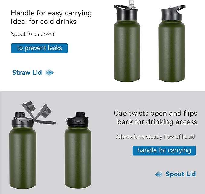 VEGOND 32 oz Insulated Water Bottle Bulk Stainless Steel Metal Water Bottles with Leak Proof Straw Lid & Spout Lid, Wide Mouth Double Walled Vacuum Travel Sports Bottle, 8 Pack