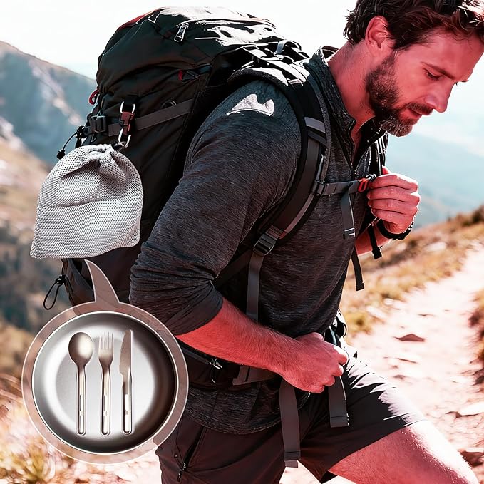 7.5Inch Titanium Plate With Knife Fork Spoon Set Of 4 - Ultralight For Backpacking, Hiking, Travel Dinnerware Easy Clean Compact