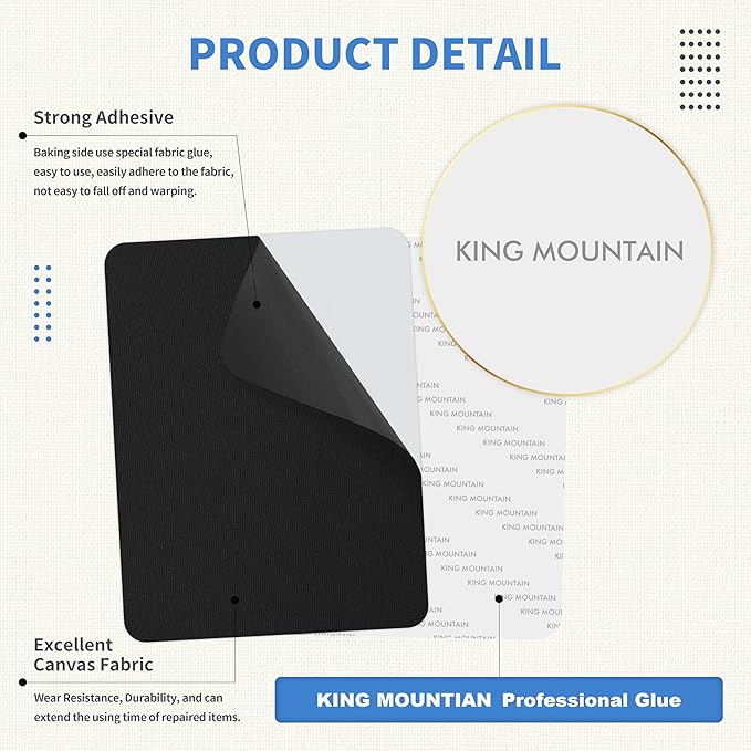 KING MOUNTAIN Canvas Repair Patch 9 x11 Inch 2 Pcs Self-Adhesive Waterproof Fabric Patch for Sofas, Tents, Furniture,Tote Bags, Car Seats (Black)