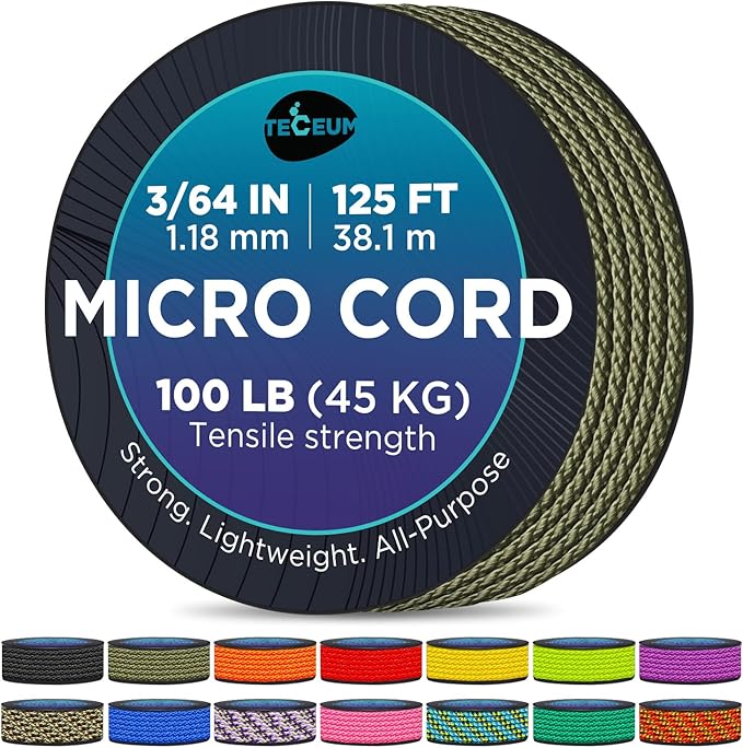 TECEUM Micro Paracord – 1.18 mm X 125 ft – Micro Utility Cord – Thin Braided Paracord Rope – Best for Crafting, DIY Projects, Fishing, Camping – Wind Chime Replacement – Survival Strong String