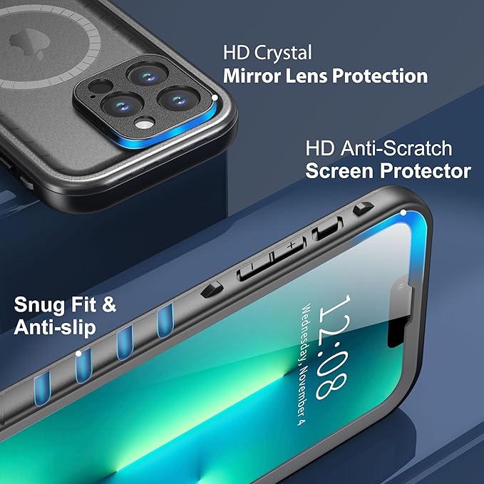 SPORTLINK for iPhone 13 Pro Max Case Waterproof - Buit in Screen Protector [Compatible with MagSafe][IP68 Underwater][6.6FT Military Dropproof][Dustproof] Full Body Shockproof Case 6.7" Black