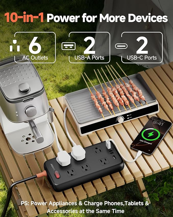 Outdoor Power Strip Waterproof IPX6, 1625W/13A, 15 Ft Extension Cord, 6 Wide Outlets & 4 USB Ports with Anti-Electric Shock, Wall Mountable for Yard, Workshop, Garage, RV