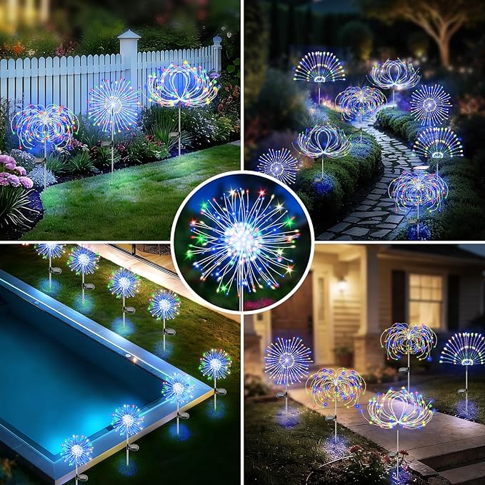 Solar Garden Lights Outdoor, 2 Pack 120 LED Twinkling Firework Lights Decorative with 2 Modes, Outdoor Waterproof Solar Starburst Light for Yard Pathway Planter Patio Decor, Multicolor