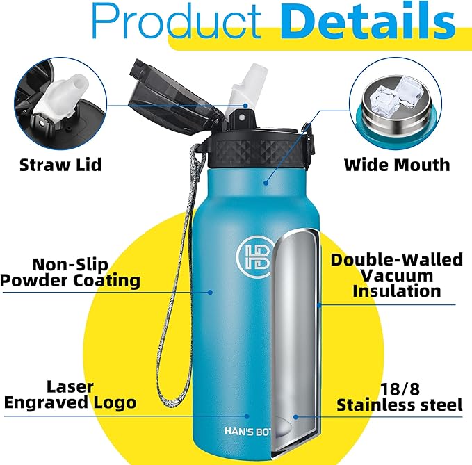 Han's Bottle Kids Water Bottle with Straw Lid - Insulated Stainless Steel Reusable Tumbler for Girls,Boys,Thermo Mug,17oz,Ocean