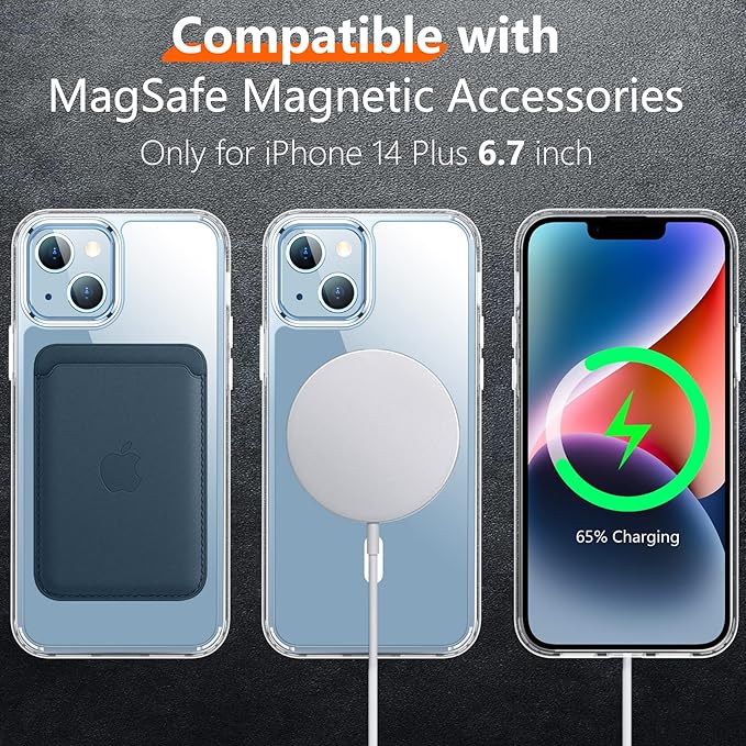 Red2Fire Magnetic for iPhone 14 Plus Case [Compatible with Magsafe][Military Grade Drop Protection][Glass Screen Protector+Camera Lens Protector] Heavy Duty Shockproof Phone Case 6.7" - Clear