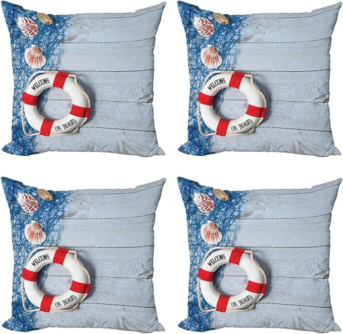 Ambesonne Coastal Throw Pillow Cushion Case Pack of 4, Welcome on Board Message on Life with Fishing Net Seashell Wood Floor of Boat, Modern Accent Double-Sided Digital Printing, 20", Dust Blue