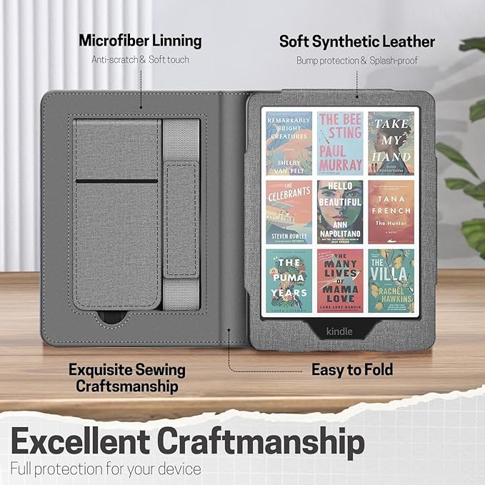 TNP Stand Case with Strap for Kindle Paperwhite 12th Gen 2024 / Kindle Colorsoft Signature Edition - 7" PU Leather Protective Folio Cover with Auto Wake/Sleep & Card Slot, Gray