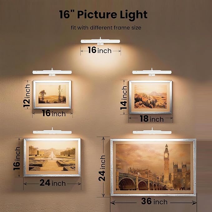 Cordless White Picture Lights for Wall Artworks - Wireless Remote, 3 Modes Dimmable 350LM Above Frame Lighting, 5000mAh Rechargeable Battery Wall Mount for Photo, Gallery,Paintings,Dartboard(2-Pack)