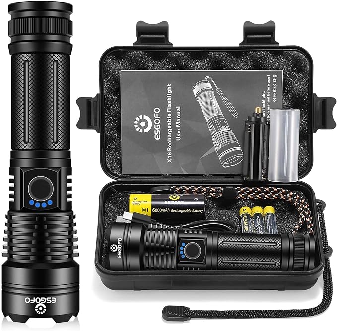 Esgofo Flashlights High Lumens 100000 Rechargeable, Super Bright Handheld LED Flash Light, Powerful Emergency Linternas, Waterproof, Long Lasting, for Hiking Camping Gift