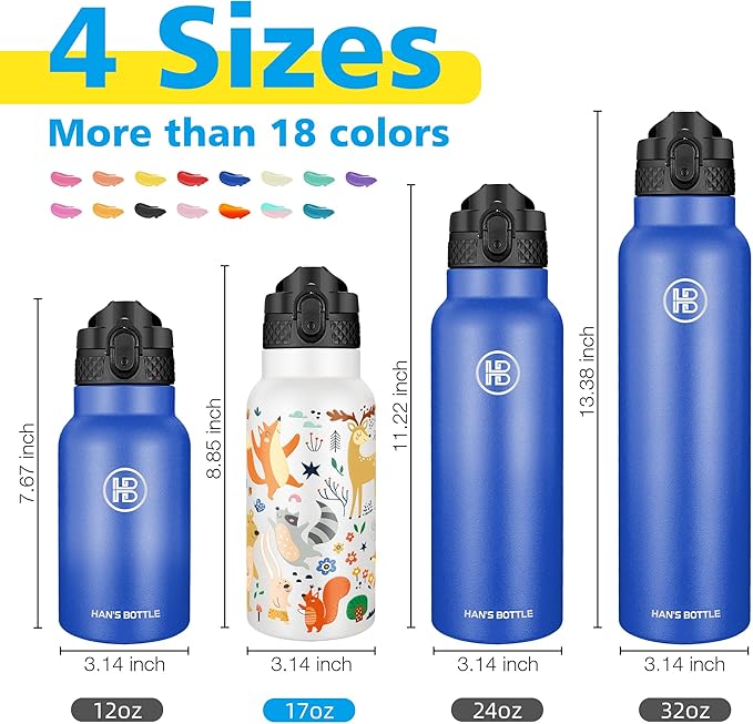 Han's Bottle Kids Water Bottle with Straw Lid - Insulated Stainless Steel Reusable Tumbler for Girls,Boys,Thermo Mug,17oz,Forest Animals