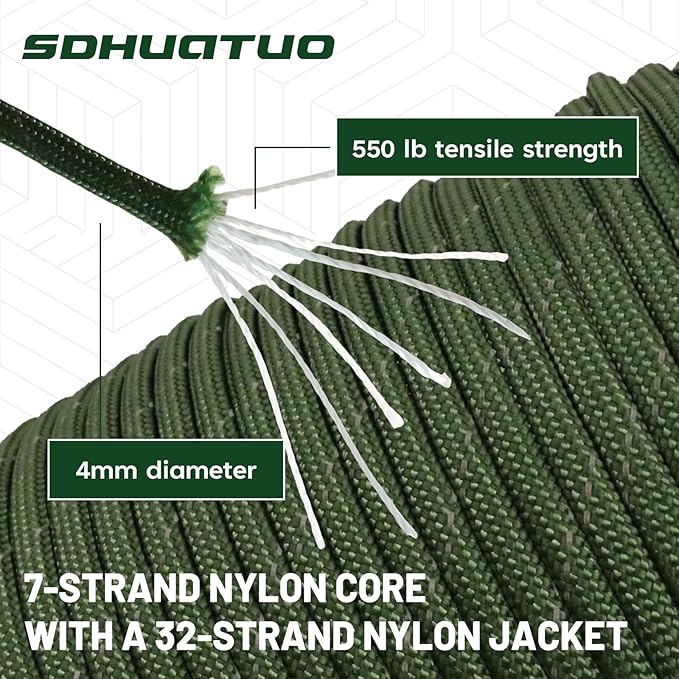 SDHUATUO Paracord Rope 100FT, 550lb Type III Nylon Parachute Cord 7-Strand Core with Reflective Strips, Utility String for Survival, Camping Gear, Hiking, DIY, Crafting, Outdoor, ArmyGreen