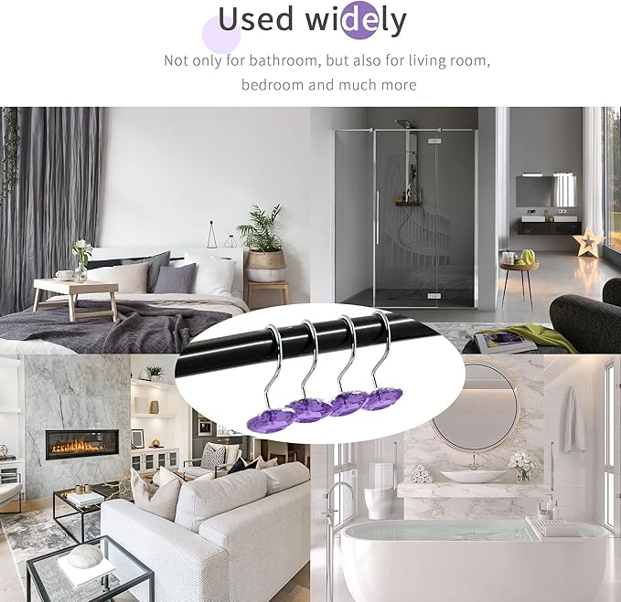 MitoVilla Purple Shower Curtain Hooks Rings, Metal Shower Hooks for Shower Curtain Liner, Purple Rust Proof Shower Rings for Curtain Accessories and Bathroom Shower Rod, 12 Pack Bathroom Set
