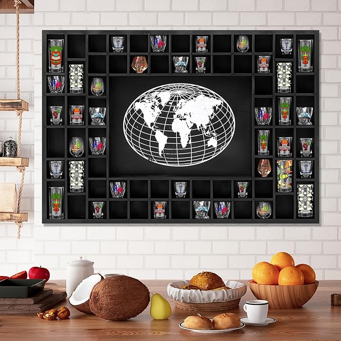 GlikCeil Large World Map 68 Slots Shot Glass Display Case 40 x 28'' Rustic Wood Shot Glass Holder for 7 Sizes Wineglass Bar Shelf Organizer Wall Mount Storage Shadow Cabinet Decor (Black)