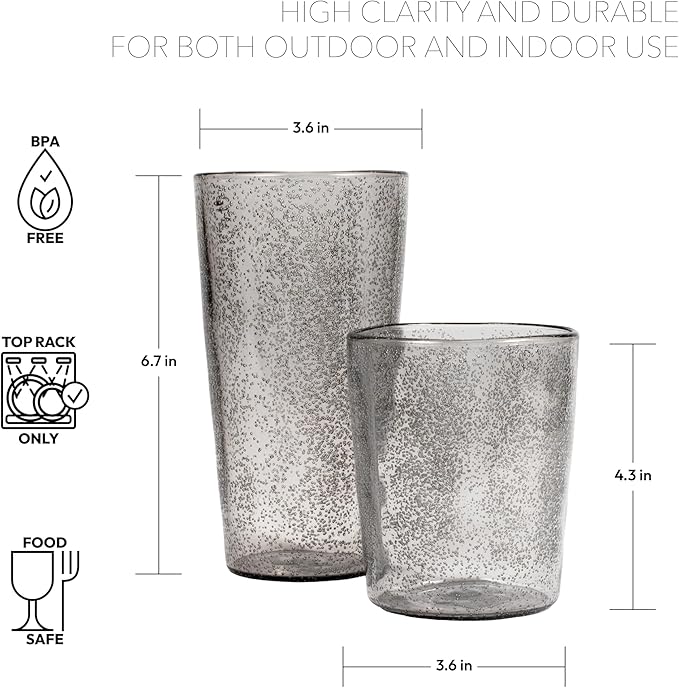 Fizz Bubbles Durable Acrylic 8-Piece Indoor/Outdoor Drinkware Set with Four 24 oz Jumbo and Four 17 oz Double Old Fashioned Glasses, Shatter-Resistant and Dishwasher-Safe - Grey