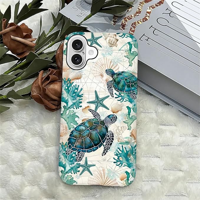 for iPhone 16 Case,HH2 Ocean Sea Turtle Nautical Map Hybrid 2 Layer Hard Shell Silicone Protective Pattern Design Case