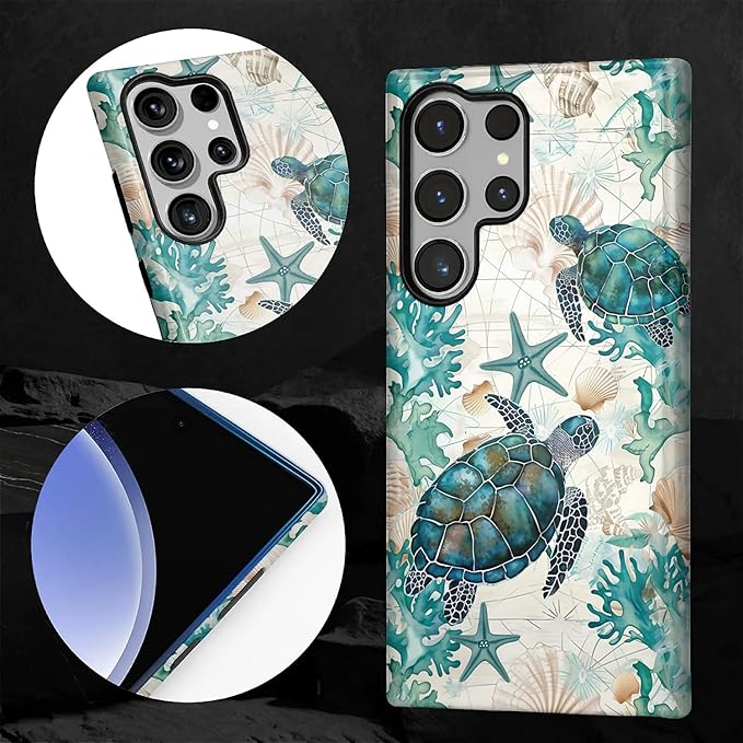 for Samsung Galaxy S24 Ultra Case,HL2 Ocean Sea Turtle Nautical Map Hybrid 2 Layer Hard Shell Silicone Protective Pattern Design Case