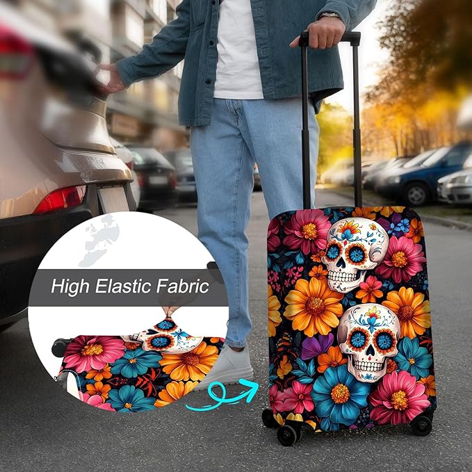 Luggage Cover Protector for 26-28 Inch Suitcases, TSA Approved Elastic Travel Suitcase Covers, Anti-Scratch Washable Luggage Sleeve for Carry On & Checked Bags, Sugar Skulls