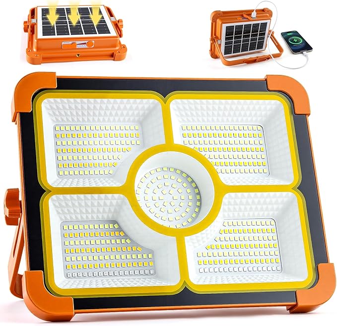 Solar Rechargeable Work Light, 474 LED 12000LM Portable Flood Lights, 12000mAh LED Work Light with 5 Modes, Waterproof Outdoor Job Lighting for Emergency Camping Repair, Solar & Type-C Charging