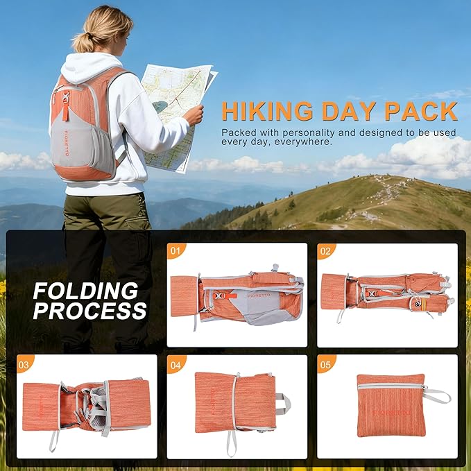 FIORETTO 15L Hiking Backpack for Women Men Mini Packable Backpack Lightweight Small Daypack for Camping Travel Outdoor, Orange