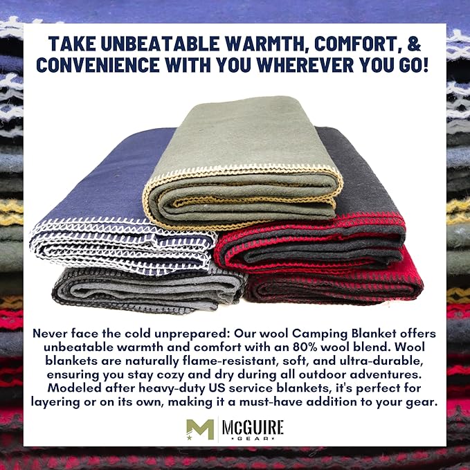 M MCGUIRE GEAR Heavy Duty Wool Blanket, Survival, Emergency, and First Aid Use – Mil-Spec, Fire Retardant, Durable Outdoor Wool Blankets for Camping. - Navy Blue, (64 x 90 inches)